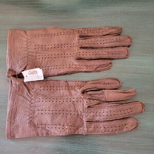 Edwards Marks Genuine Pigskin‎ Leather Gloves Size 6 1/2 Brown Perforated Design